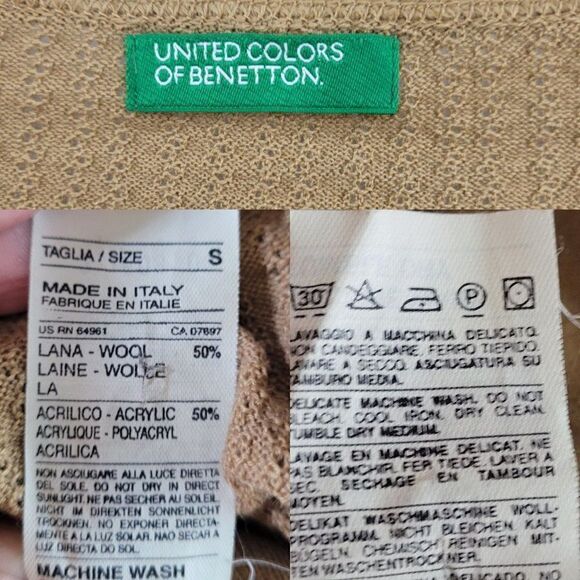 90's United Colors Of Benetton Cardigan Sweater Mini Wool Button Tie Camel XXS - Picture 3 of 10